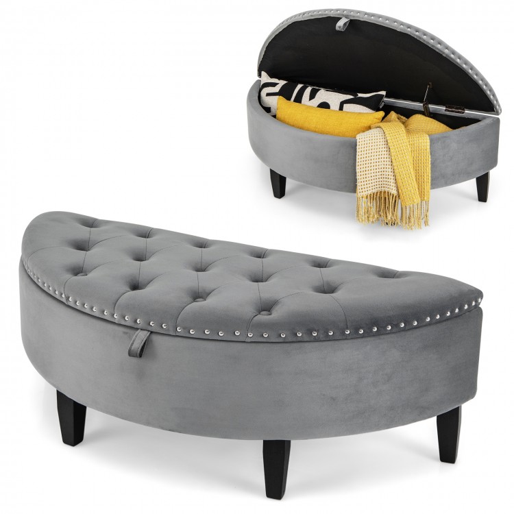 Half-moon storage bench in gray velvet with button tufting and rubber wood legs, perfect for entryways and hidden.