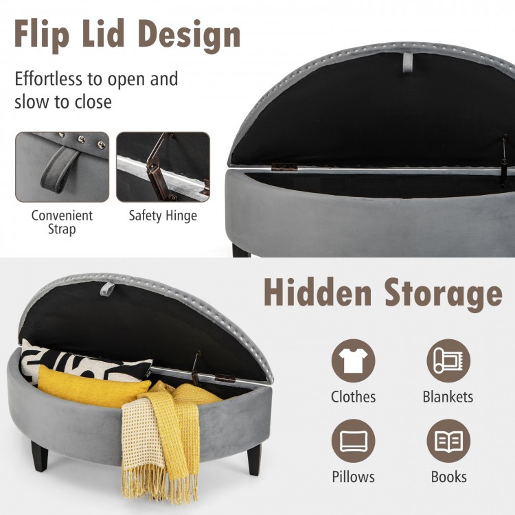 Half-moon storage bench in gray with flip lid design, rubber wood legs, and hidden storage for organizing essentials.