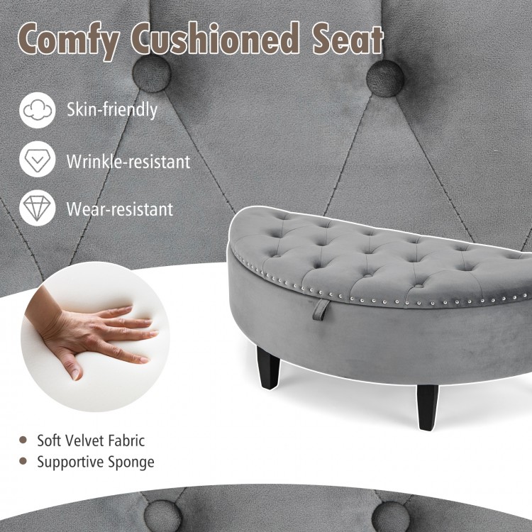 Half-moon storage bench in gray with button tufting, rubber wood legs, and hidden storage for versatile use.