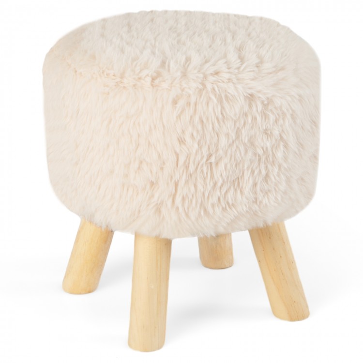 Round footstool ottoman with plush faux fur upholstery and sturdy rubber wood legs, perfect as a cozy accent in any.