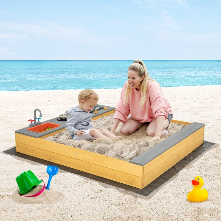Wooden sandbox for kids with kitchen playset accessories, featuring solid fir wood and a comfortable bench seat for.