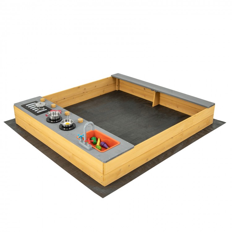Wooden sandbox with kitchen playset accessories for kids aged 3-8, featuring solid fir wood and a bottomless design.