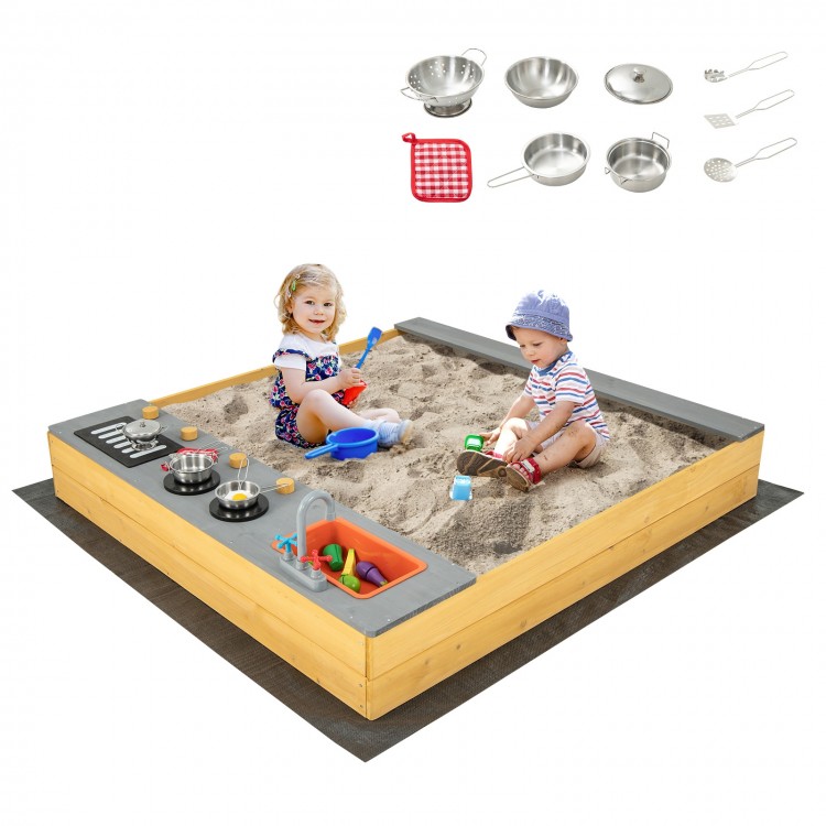 Wooden sandbox with kitchen playset accessories, featuring solid fir wood construction for kids aged 3-8, ideal for.