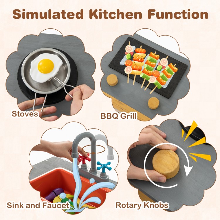 Simulated kitchen features including stoves, BBQ grill, sink, and rotary knobs for kids' playtime fun.