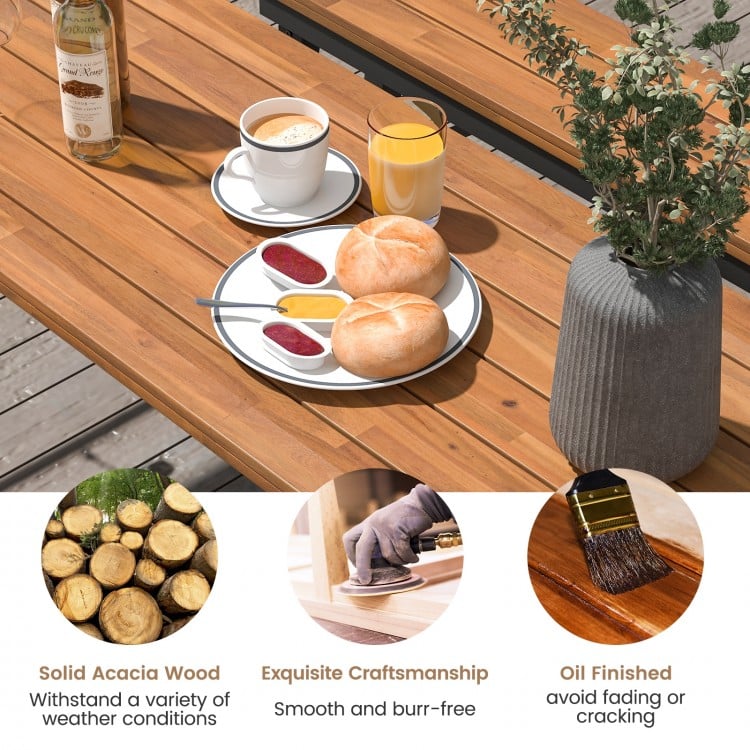 Folding picnic table made of solid acacia wood with oil finish, perfect for indoor and outdoor dining activities.