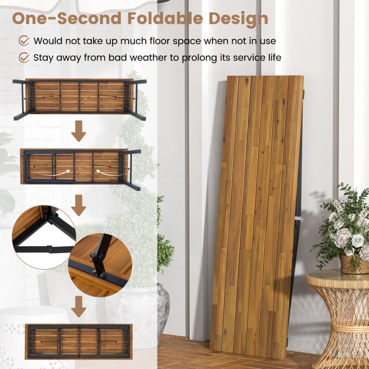 Folding picnic table made of acacia wood with a metal frame, showcasing its one-second foldable design for easy storage.