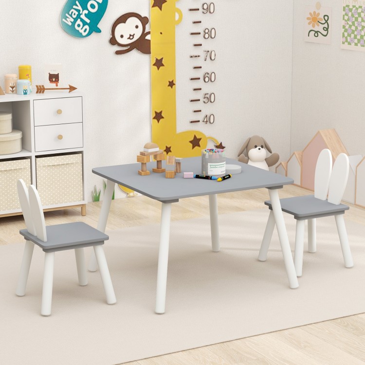 Gray kids table with spacious, smooth surface and cute bunny ear backrest, ideal for drawing and snack time in.