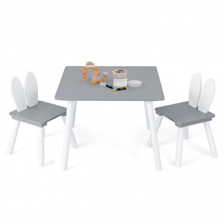 Gray kids chair with bunny ear backrest, designed for comfort and easy storage under the table in playrooms or.