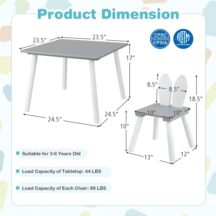 Kids table and chairs set in gray with bunny ear backrest, perfect for arts, crafts, and snack time for ages 3-6.