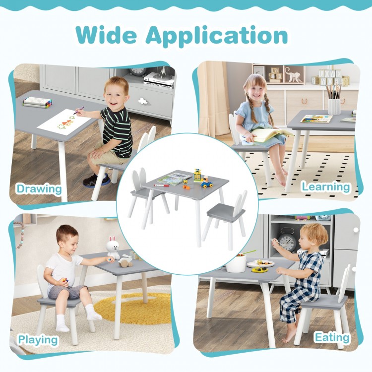 Kids table and chairs set in gray, ideal for drawing, learning, and eating, featuring cute bunny ear backrests.