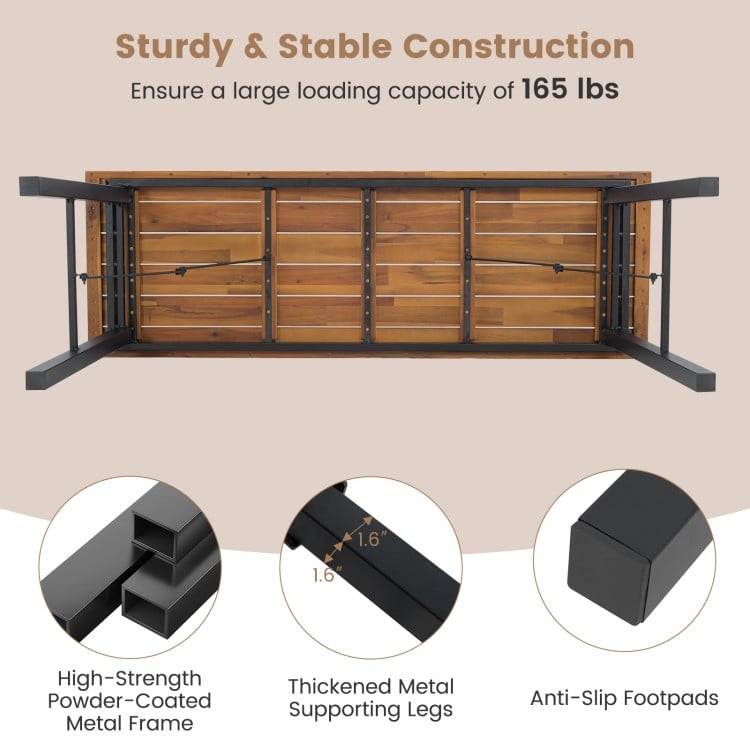 Folding picnic table with acacia wood surface and sturdy metal frame, ideal for indoor and outdoor activities.