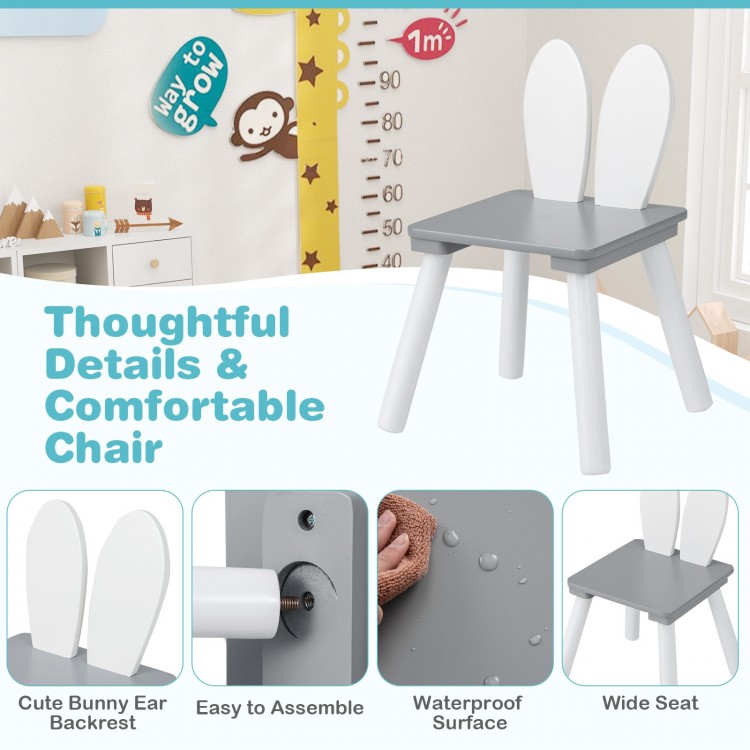Kids chair with cute bunny ear backrest, gray waterproof surface, and wide seat for comfort in playrooms or nurseries.