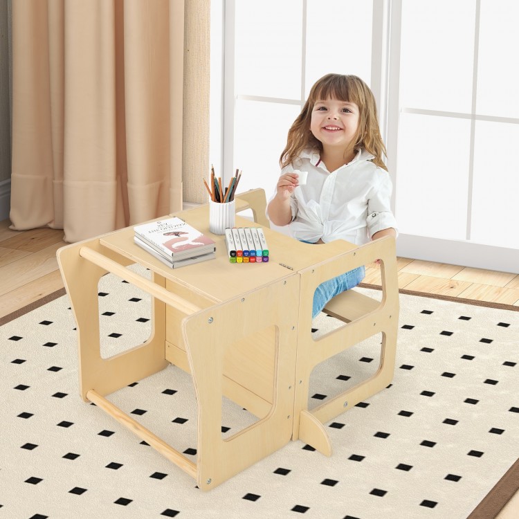 Toddler using the 3-in-1 foldable kitchen standing tower with chalkboard, made of durable wood for safe play and.
