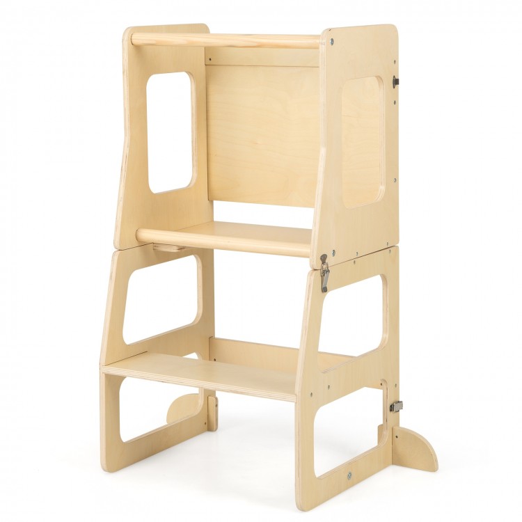 3-in-1 foldable kitchen standing tower for toddlers in natural wood, featuring a chalkboard and safety rail for.