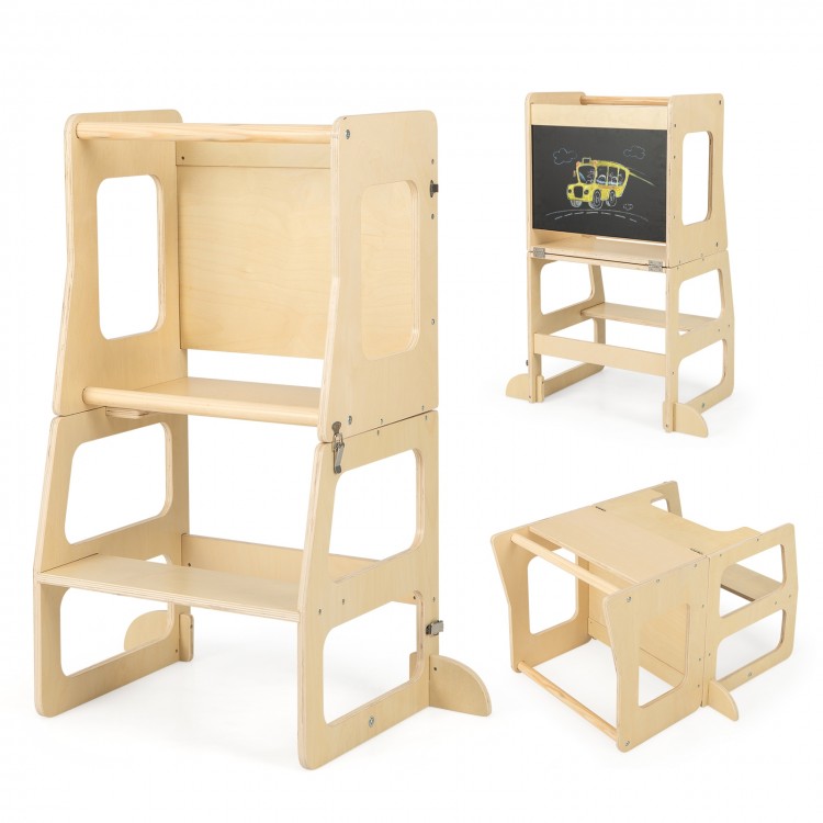 3-in-1 foldable kitchen standing tower for toddlers, made of natural wood, features a chalkboard and safety rail for.