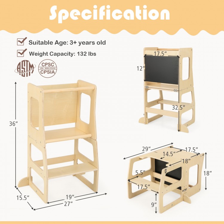 3-in-1 foldable kitchen standing tower for toddlers, showcasing dimensions and specifications for safe and easy use.