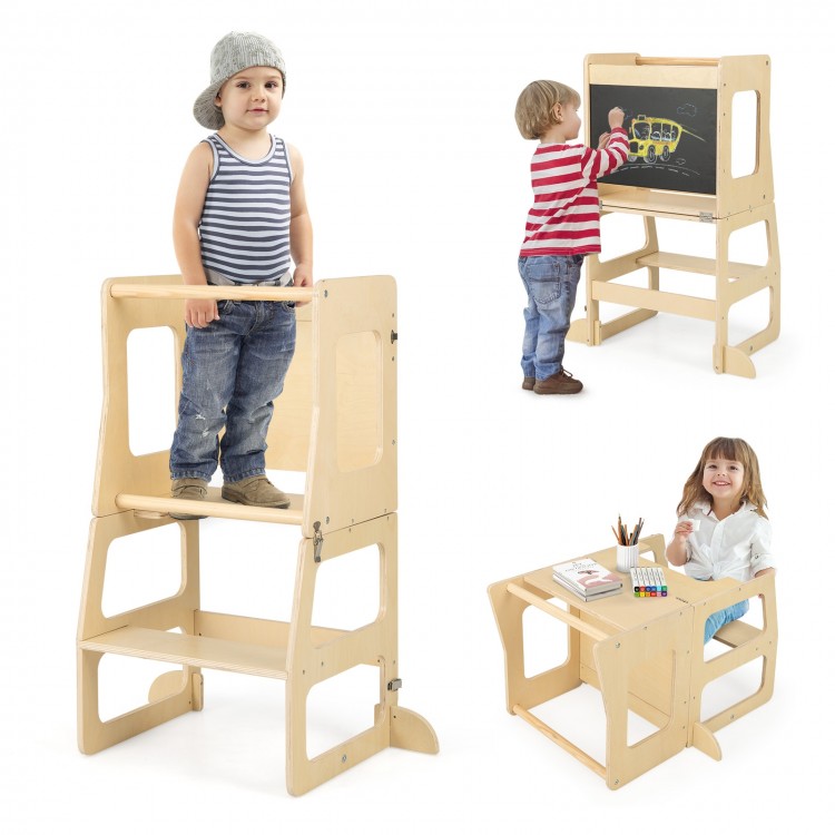 3-in-1 foldable kitchen standing tower for toddlers, natural wood, used as a step stool and chalkboard for family.