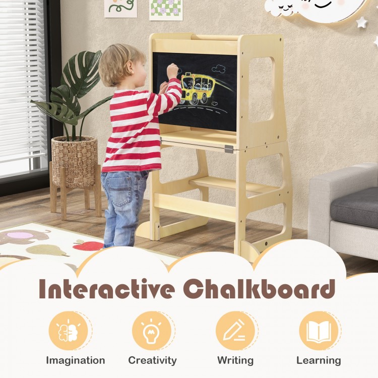 3-in-1 foldable kitchen standing tower with chalkboard, made of natural wood, promoting creativity and learning for.