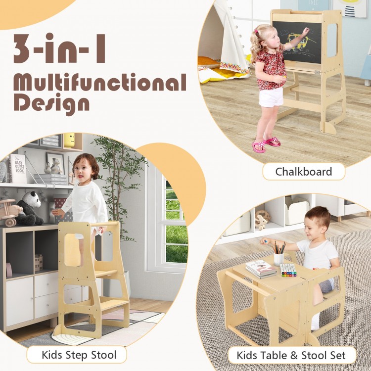 3-in-1 foldable kitchen standing tower for toddlers, featuring a chalkboard and kids table & stool set in natural wood.
