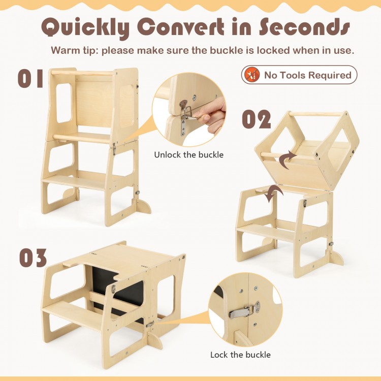 3-in-1 foldable kitchen standing tower for toddlers in natural wood, easily converts to a step stool and chalkboard.