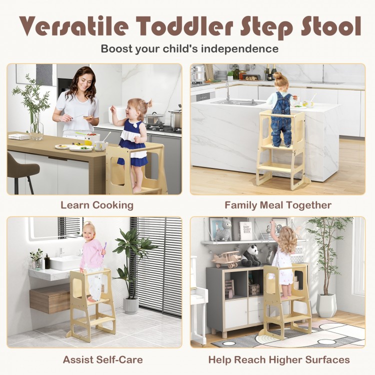 3-in-1 foldable kitchen standing tower for toddlers, made of natural wood, promotes independence and family engagement.