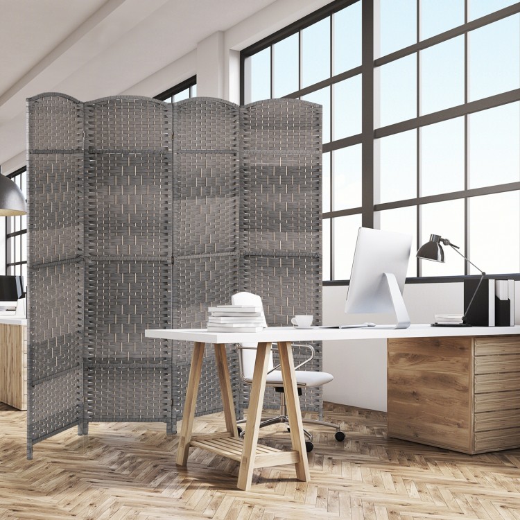 Gray 4-panel folding privacy screen with hand-woven pattern, ideal for home office or living room separation.
