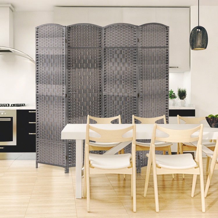 4-panel gray folding privacy screen with hand-woven pattern, ideal for home office or living room separation.
