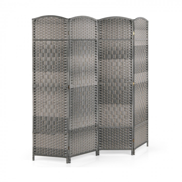 Gray 4-panel folding privacy screen with hand-woven pattern, 6ft tall, ideal for home office or living room separation.