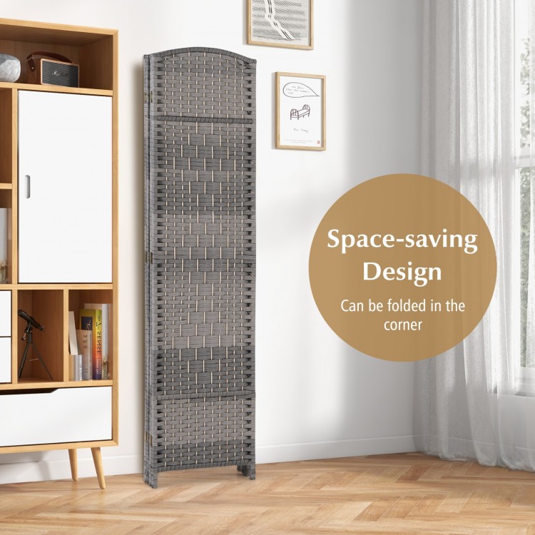 4-panel gray folding privacy screen with hand-woven pattern, space-saving design, ideal for home office or living room.
