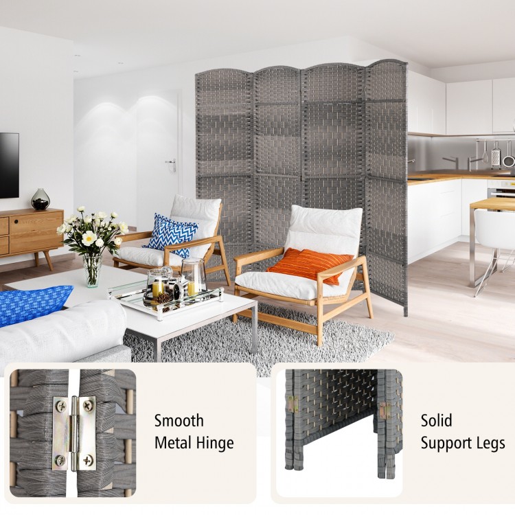 4-panel gray folding privacy screen with hand-woven pattern, ideal for defining spaces in living rooms or home offices.