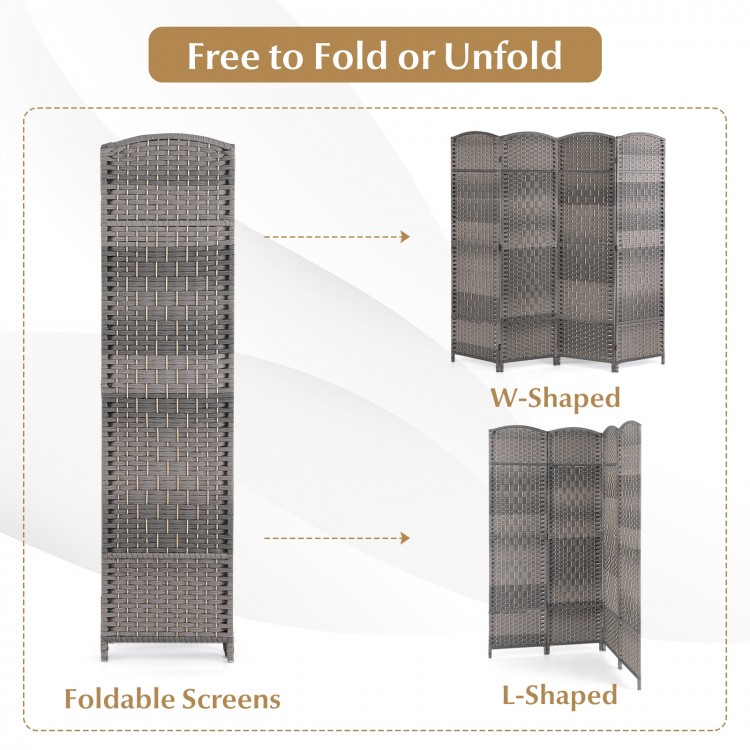 4-panel gray folding privacy screen with hand-woven pattern, adjustable to W-shaped or L-shaped for versatile room use.