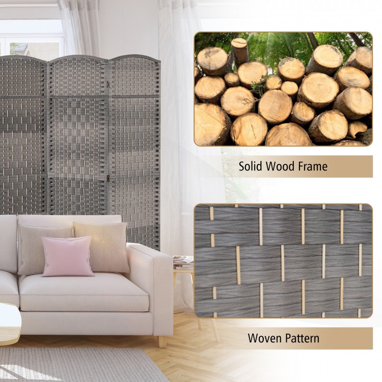 4-panel gray folding privacy screen with hand-woven pattern, solid wood frame, ideal for home office or living room use.