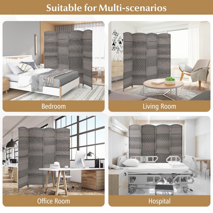 4-panel gray folding privacy screen with hand-woven pattern, ideal for living room, office, or bedroom separation.