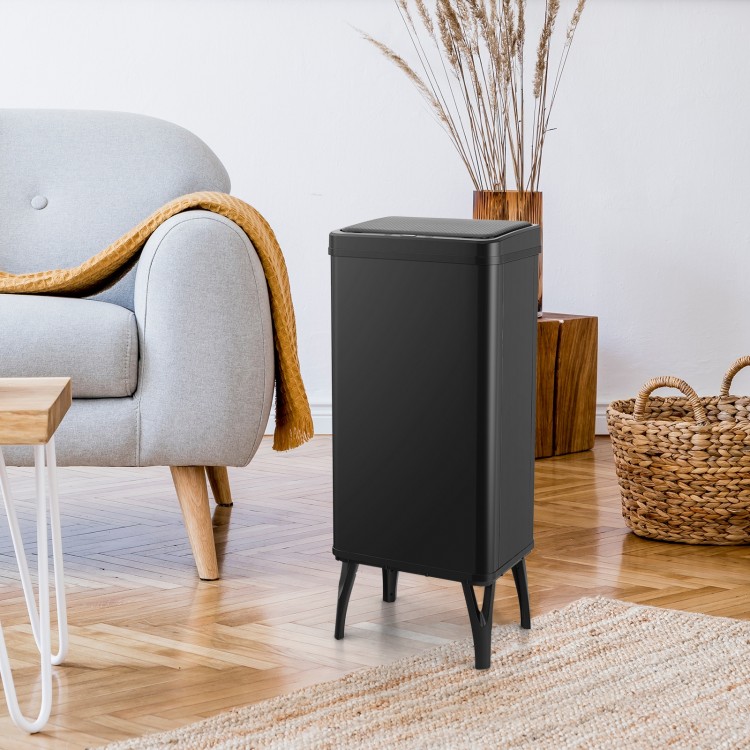 Black 13.2-gallon stainless steel trash can with stay-on lid and soft closure, ideal for hygienic waste disposal.