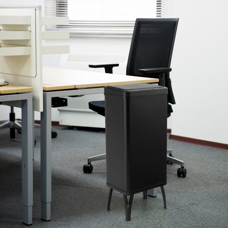 Elevated black stainless steel trash can with soft-close lid, designed for hygienic waste disposal in office settings.