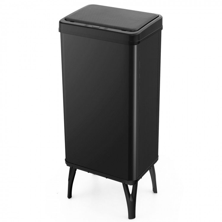 Elevated black stainless steel trash can with stay-on lid, soft closure, and detachable non-slip legs for stability.