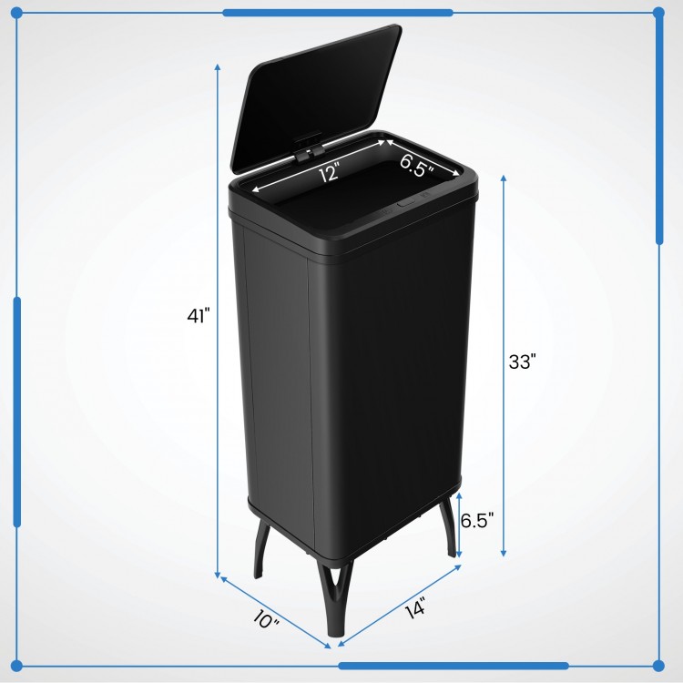 Elevated 13.2-gallon black stainless steel trash can with soft-close lid and detachable support legs for stability.