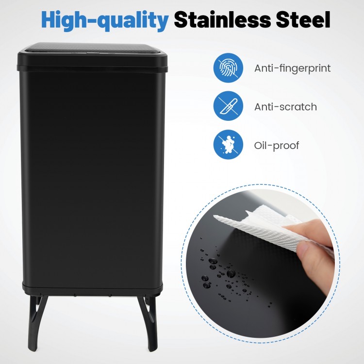 Black 13.2-gallon stainless steel trash can with stay-on lid, soft closure, and anti-fingerprint finish for hygienic.