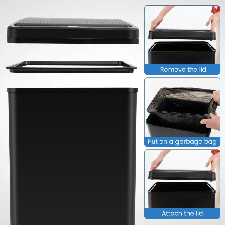 Black 13.2-gallon stainless steel trash can with detachable lid, showcasing garbage bag placement and soft-close.