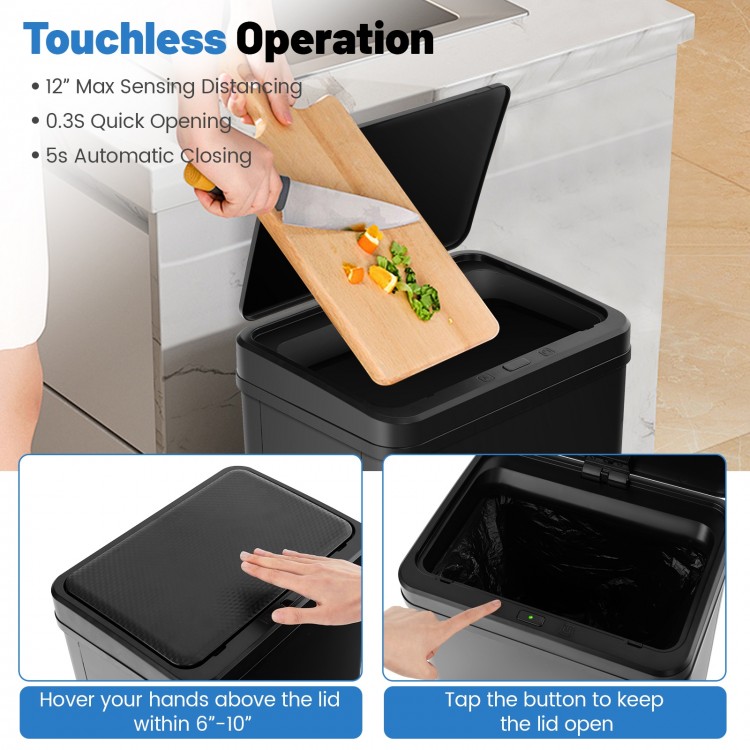 Touchless 13.2-gallon black stainless steel trash can with motion sensor, soft-close lid, and elevated design for.