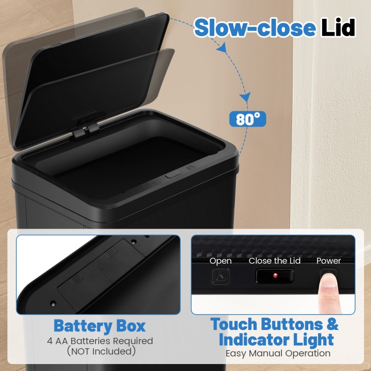 Stainless steel 13.2-gallon trash can with soft-close lid, touch buttons, and elevated design for stability.
