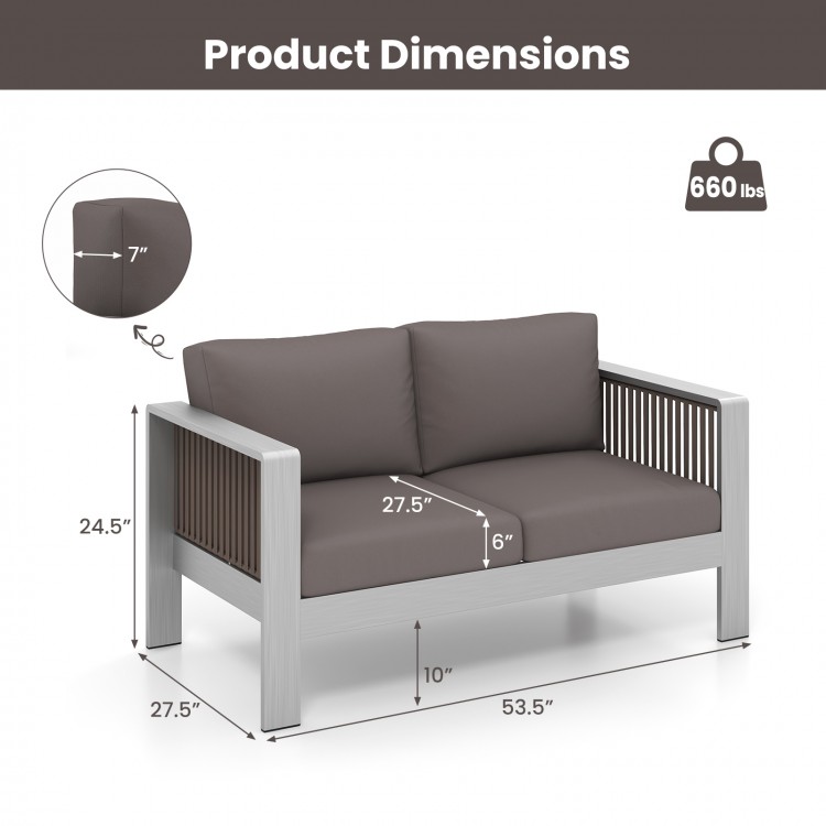 Patio aluminum loveseat sofa dimensions with thick gray cushions, designed for outdoor durability and comfort.
