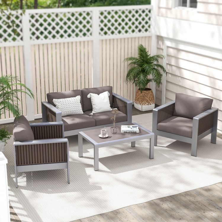 Patio aluminum loveseat sofa set with gray cushions, perfect for outdoor relaxation and modern style.