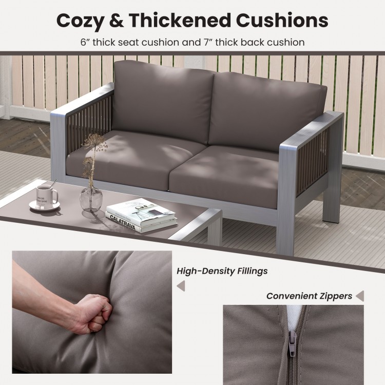 Patio aluminum loveseat sofa with thick gray cushions, featuring high-density fillings and convenient zippers for.