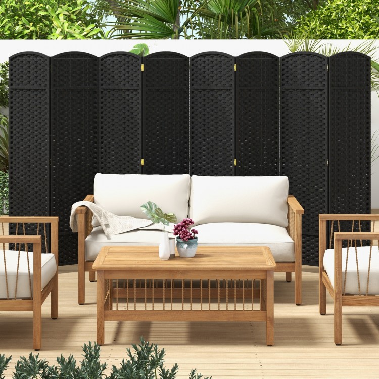 8-panel folding room divider in black with hand-woven texture and solid wood frame, ideal for privacy and space-saving.