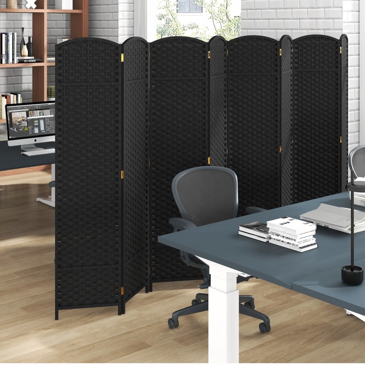 8-panel folding room divider in black with hand-woven texture, providing privacy and space-saving design for any room.