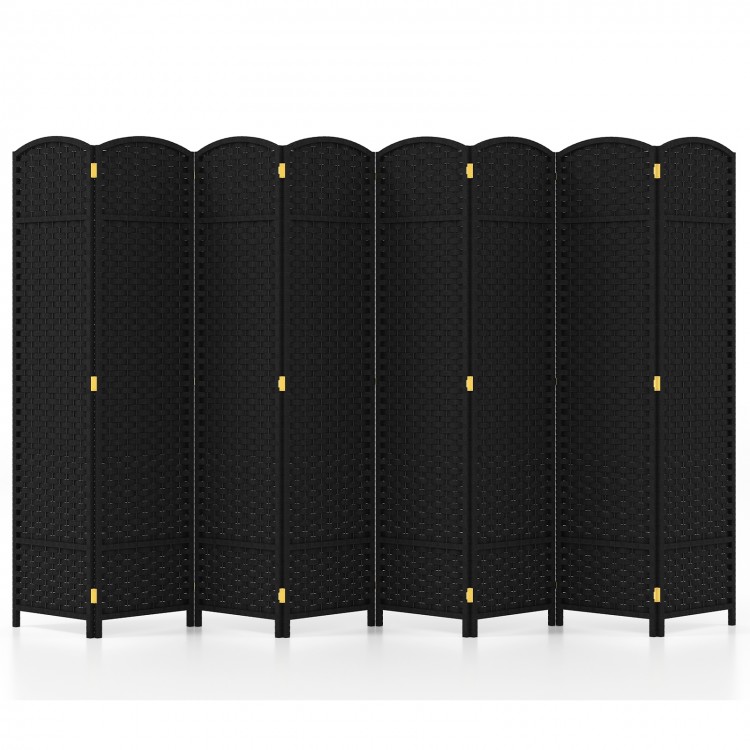 8-panel folding room divider in black with hand-woven texture, offering privacy and space-saving design for versatile.