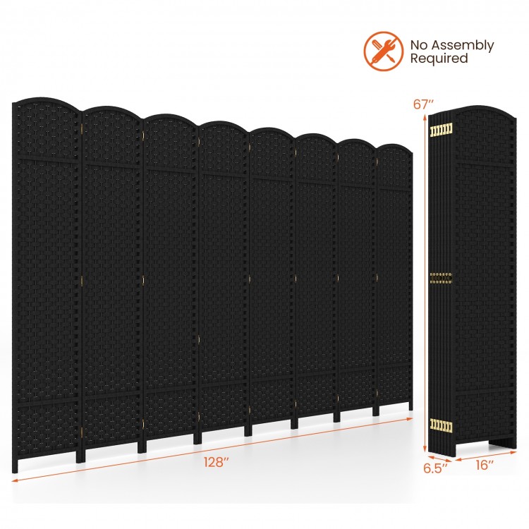 Close-up of the hand-woven texture on the black 8-panel folding room divider, showcasing its elegant design and sturdy.