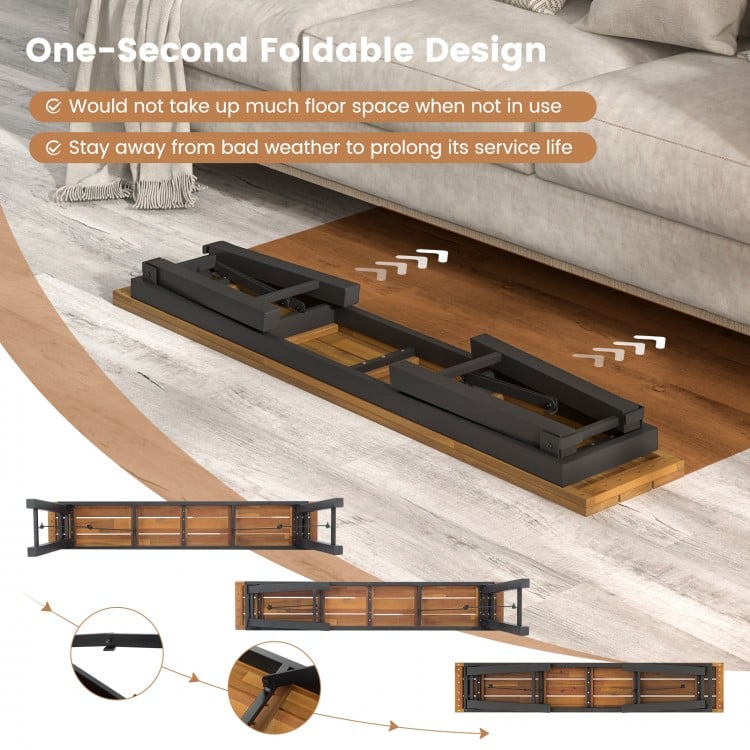 Folding picnic bench set with acacia wood, showcasing its one-second foldable design for easy storage and space-saving.