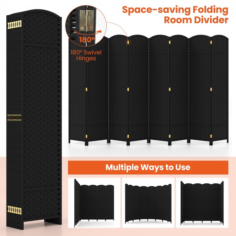 8-panel folding room divider in black with hand-woven texture and wood frame, ideal for privacy and space-saving.